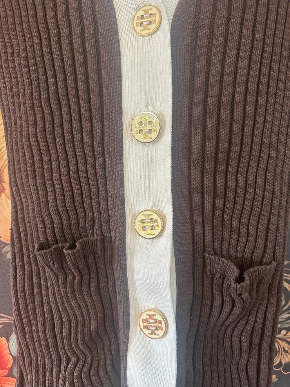 Tory Burch Brown Ribbed Cardigan with White Trim and Logo Buttons